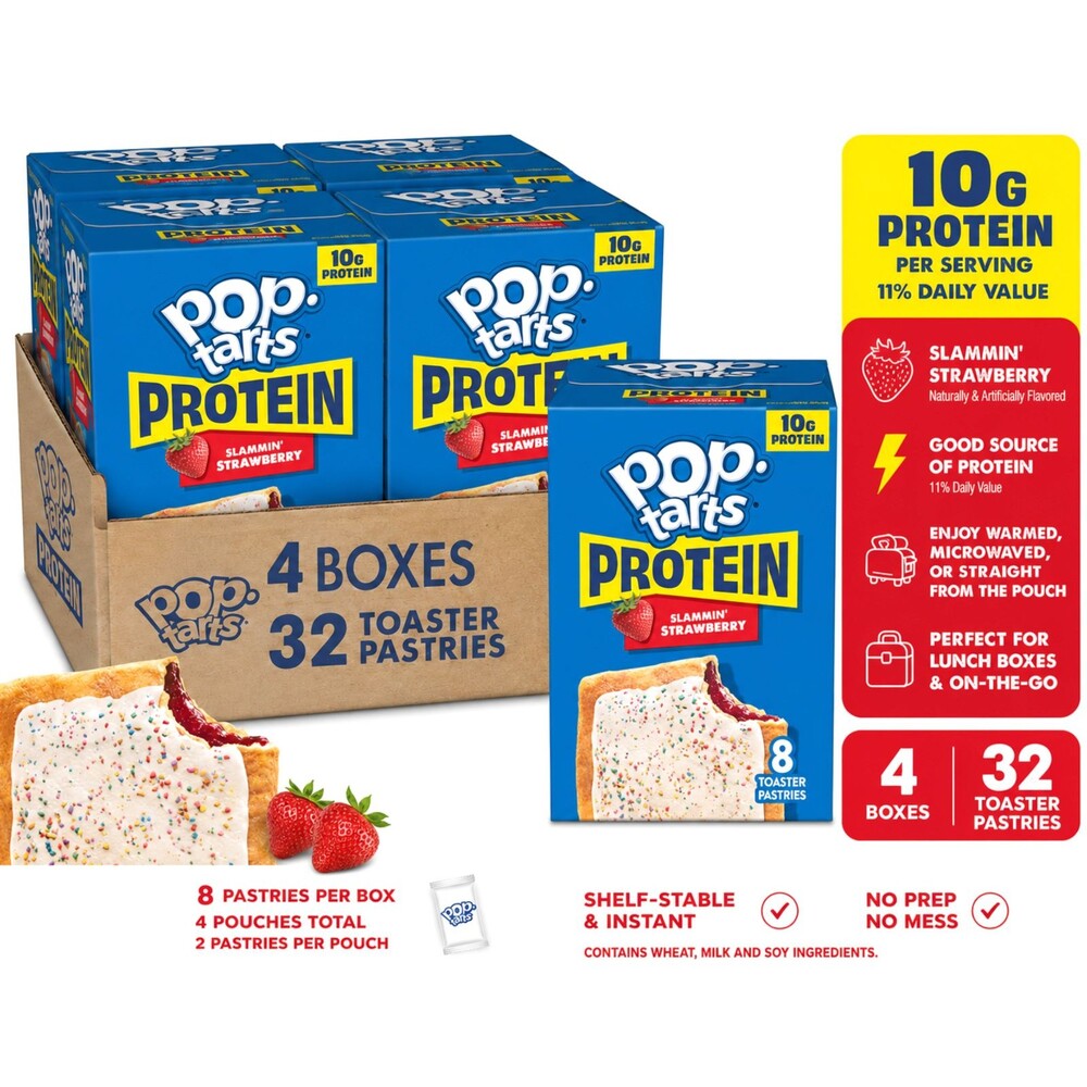 Pop-Tarts Slammin' Strawberry Toaster Pastries 10g Protein 4 Boxes 32 Ct Snack